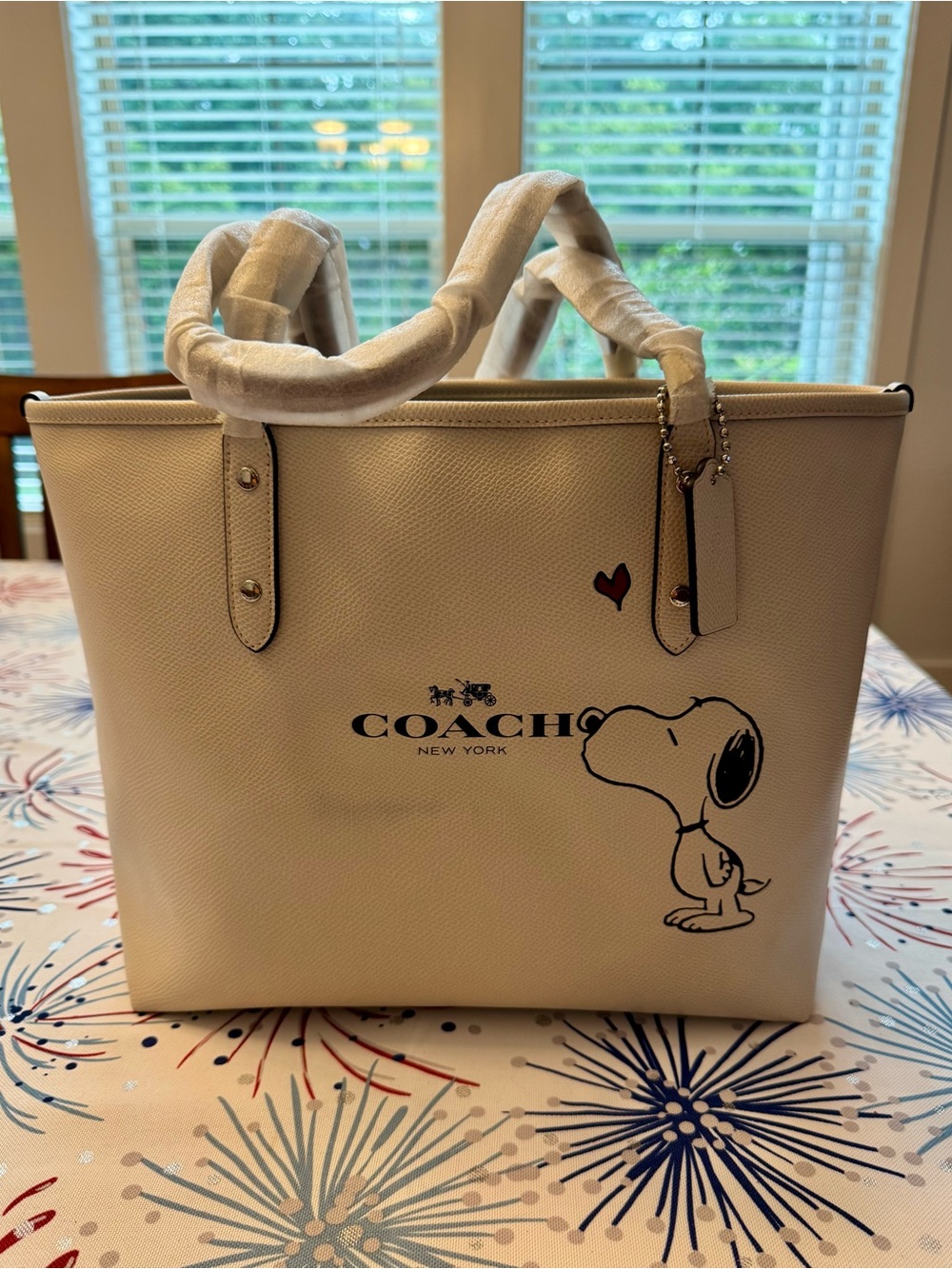 Coach Cream Leather Tote with Snoopy and Heart Detail *NWT*